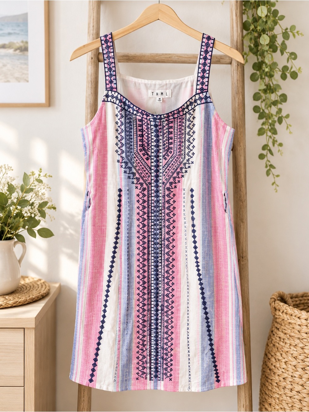 THML Pink Blue Embroidered Striped Dress Medium Boho Resort Summer Sundress